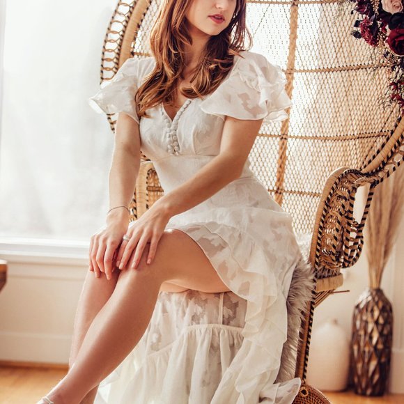 FLORAL EMBROIDERY RUFFLE DRESS WITH HIGH-LOW SKIRT MAXI DRESS - Picture 3 of 5